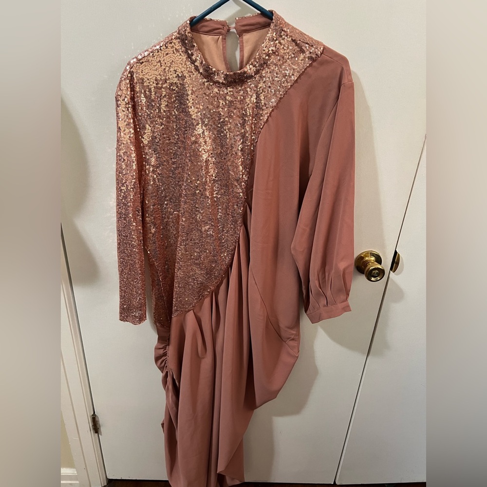 Sequin and Draped Dress in Rose Gold and Pink